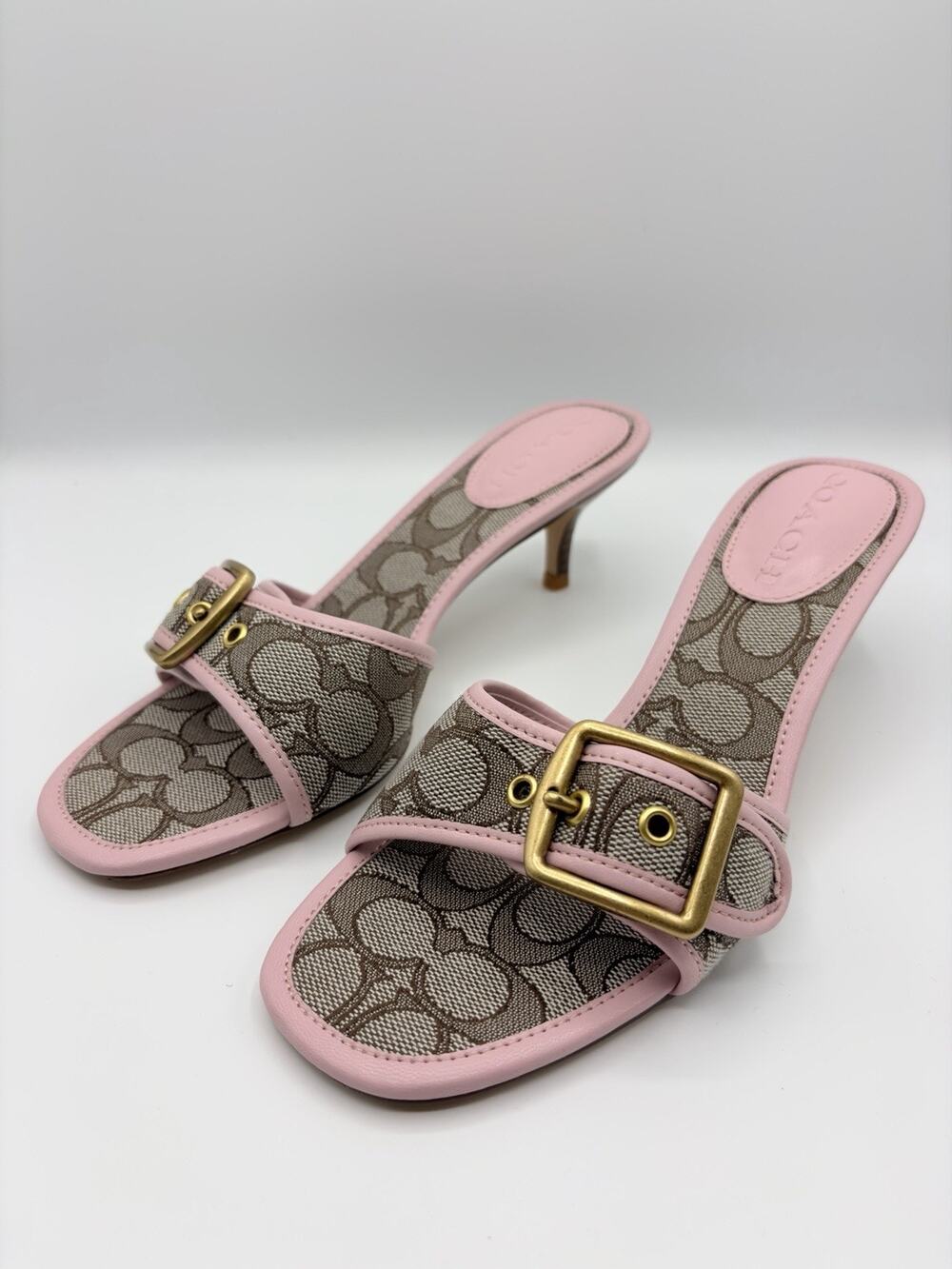 Coach Margot Pink Buckle Kitten Heel Slide Sandals Signature Jacquard Mules 38